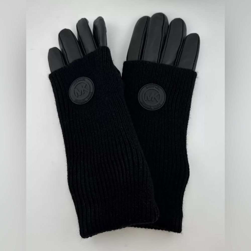 NWOT Michael Kors Leather Logo Gloves Large Mitten Black Fabric Retail $128
